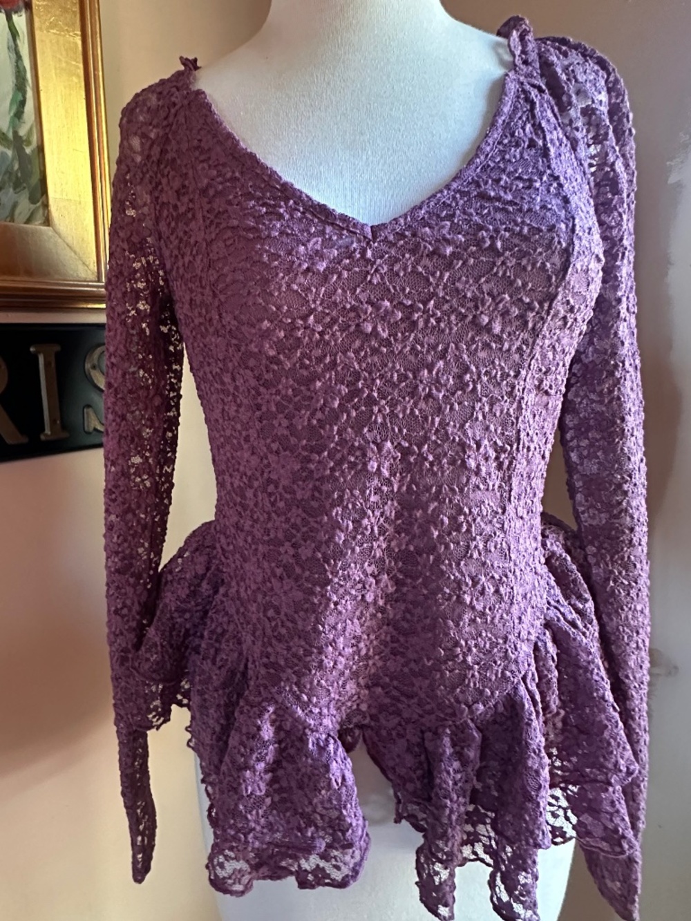 NWT Anthropologie Purple Long Sleeve Lacy Peplum Shirt